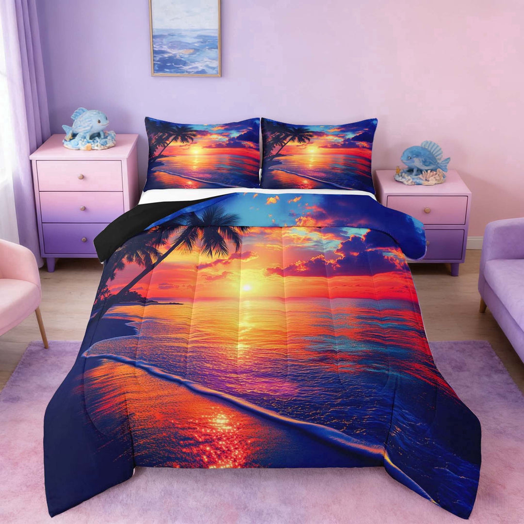 Manfei Tropical Beach Sunset Full Size Comforter Sets for Kids Boys and Girls, Coastal Ocean Print Bedding Sets, Black Reversible 3 Pieces, 1 Comforter and 2 Pillowcases