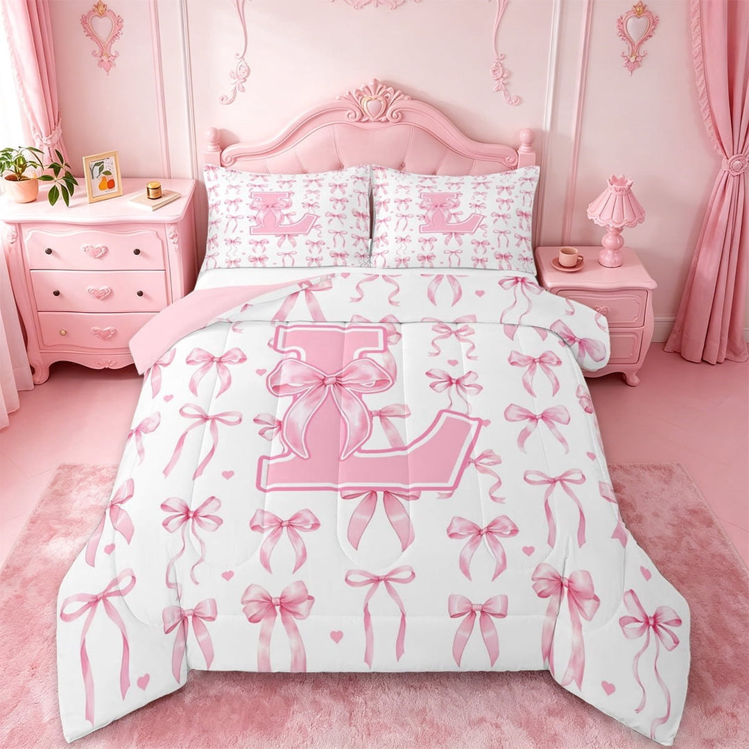 Manfei Pink Ribbon Bowknot Full Size Comforter Sets For Girls,Letter L Monogram Bedding Sets For Kids,Pink Reversible,3 Pieces