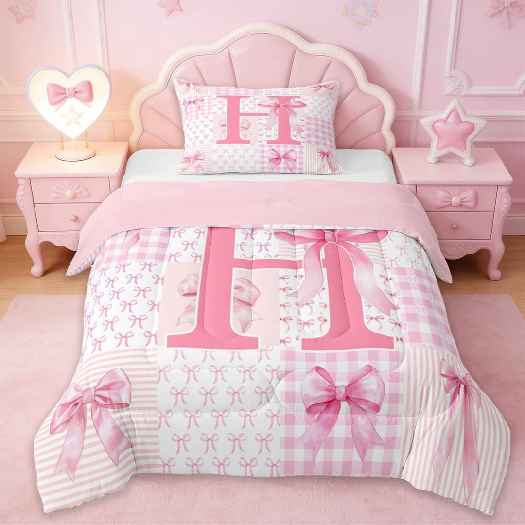 Erosebridal Cartoon Letter H Monogrammed Twin Comforter Sets For Kids,Pink Ribbon Bowtie Bedding Set For Bowknot Girls,Pink Reversible,2pcs