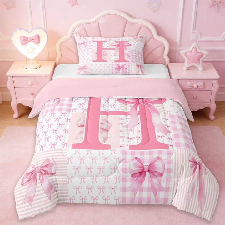 Erosebridal Cartoon Letter H Monogrammed Twin Comforter Sets For Kids,Pink Ribbon Bowtie Bedding Set For Bowknot Girls,Pink Reversible,2pcs