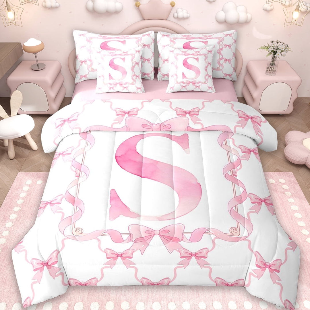 Erosebridal Dreamy Princess Bowknot Kids 7-Piece Twin Bedding Sets,Pink Letter S Print Bedding Comforter Set For Kids,Reversible pink