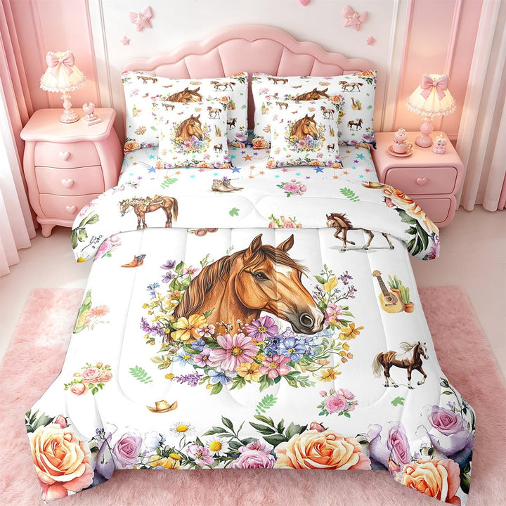 Erosebridal Chic Horse Bed in a Bag Twin Size,Farm Animal Bed Set,Colorful Floral Bedding Twin Size,Super Cozy Room Decoration Reversible,7 Pieces