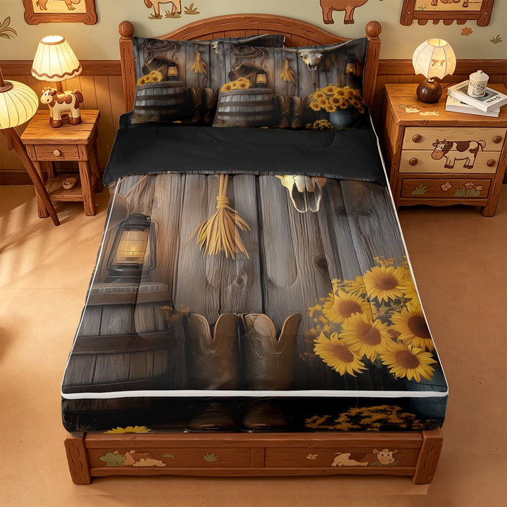 meiyoeat Rustic Cowboy Art Zipper Twin Comforter Sets with Fitted Sheet and 2 Pillowcases For Boys,Western Print Zipper Bedding Set,Reversible,4 Pieces