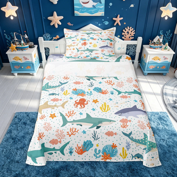 meiyoeat Playful Shark Octopus Bed Sheets for Kids Boys, Ocean Animal Full Size Sheets for Bedroom, Multicolor, 4pcs