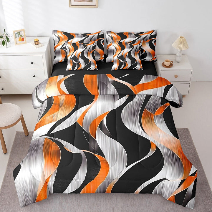Erosebridal Geometric Stripes Bedding Sets King Size,Black Orange Bed in a Bag King size,Spiral Swirl Bedding King Size,Microfiber Boys Bedroom Decor,Reversible,7-Piece