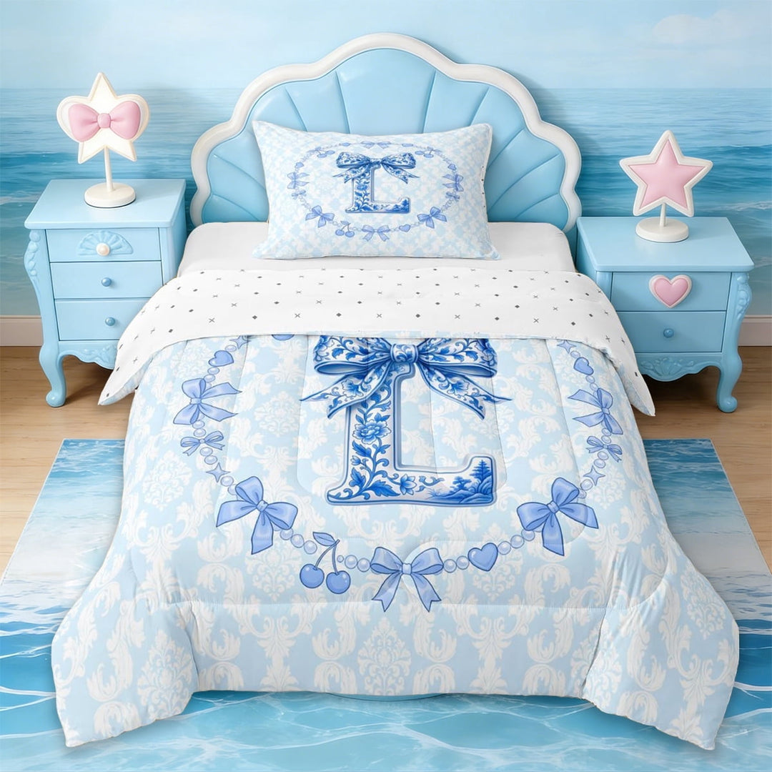 Erosebridal Cute Bowknot Twin Comforter Sets,Vintage Blue L Alphabet Bedding Set For Girls Kids,Reversible,2pcs