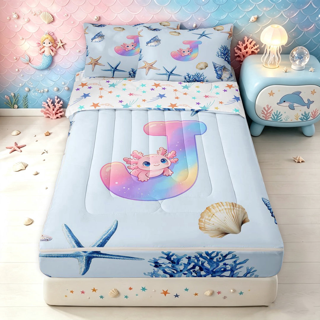 meiyoeat Rainbow Monogrammed J Zipper Full Size Comforter Sets with Fitted Sheet and 2 Pillowcases for Girls, Cute Blue Ocean Axolotl Zipper Bedding Set, Star Reversible, 4pcs