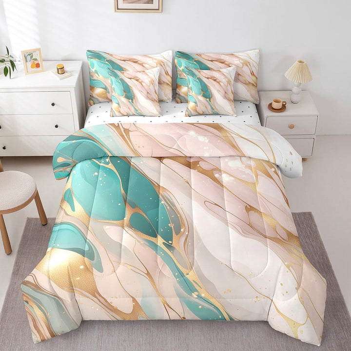 Erosebridal Pink Teal Marble Bedding Sets Full Size, Foil Print Stone Pattern Comforter Sets with Sheets, Soft 7pcs