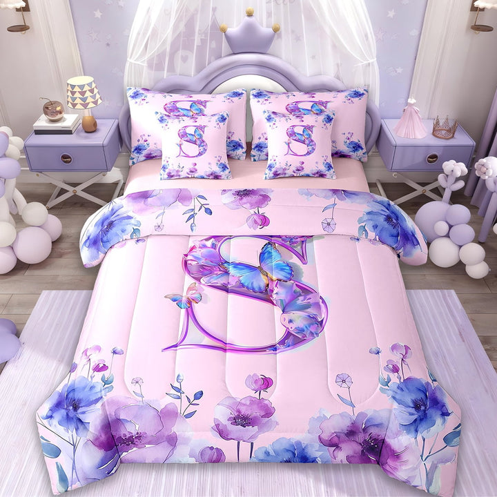 Erosebridal Letter S Bed in a Bag Twin Size,Watercolor Butterfly Bed Set,Tir-Dye Floral Bedding Twin Size For Girls Kids,Ultra Soft Bedroom Decorative Reversible,7 Pieces