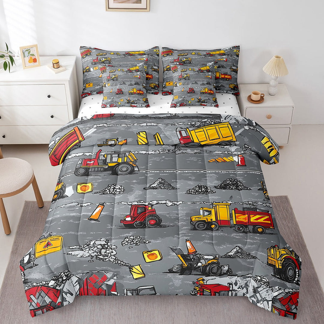 Equipment Excavator Comforter Set - 7 Pieces Bed in A Bag Construction Trucks Comforters Twin Size,Tractor Bedding Sets with Comforter,Flat Sheet,Fitted Sheet and Pillowcases &amp; Shams