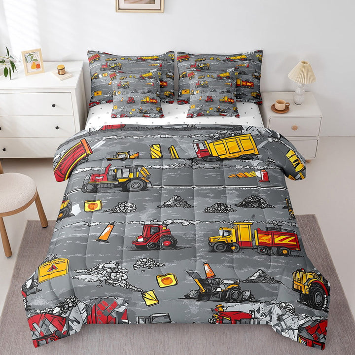Equipment Excavator Comforter Set - 7 Pieces Bed in A Bag Construction Trucks Comforters Twin Size,Tractor Bedding Sets with Comforter,Flat Sheet,Fitted Sheet and Pillowcases &amp; Shams
