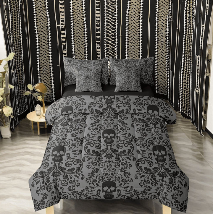 Damask Gothic Bedding Set Adults Antique Victorian 7 Piece Comforter Set Full Bed in a Bag,Grey Black Sugar Skull Sheet Set Vintage Flowers Goth Bed Set,Bone Skeleton Bohemian Baroque Decor