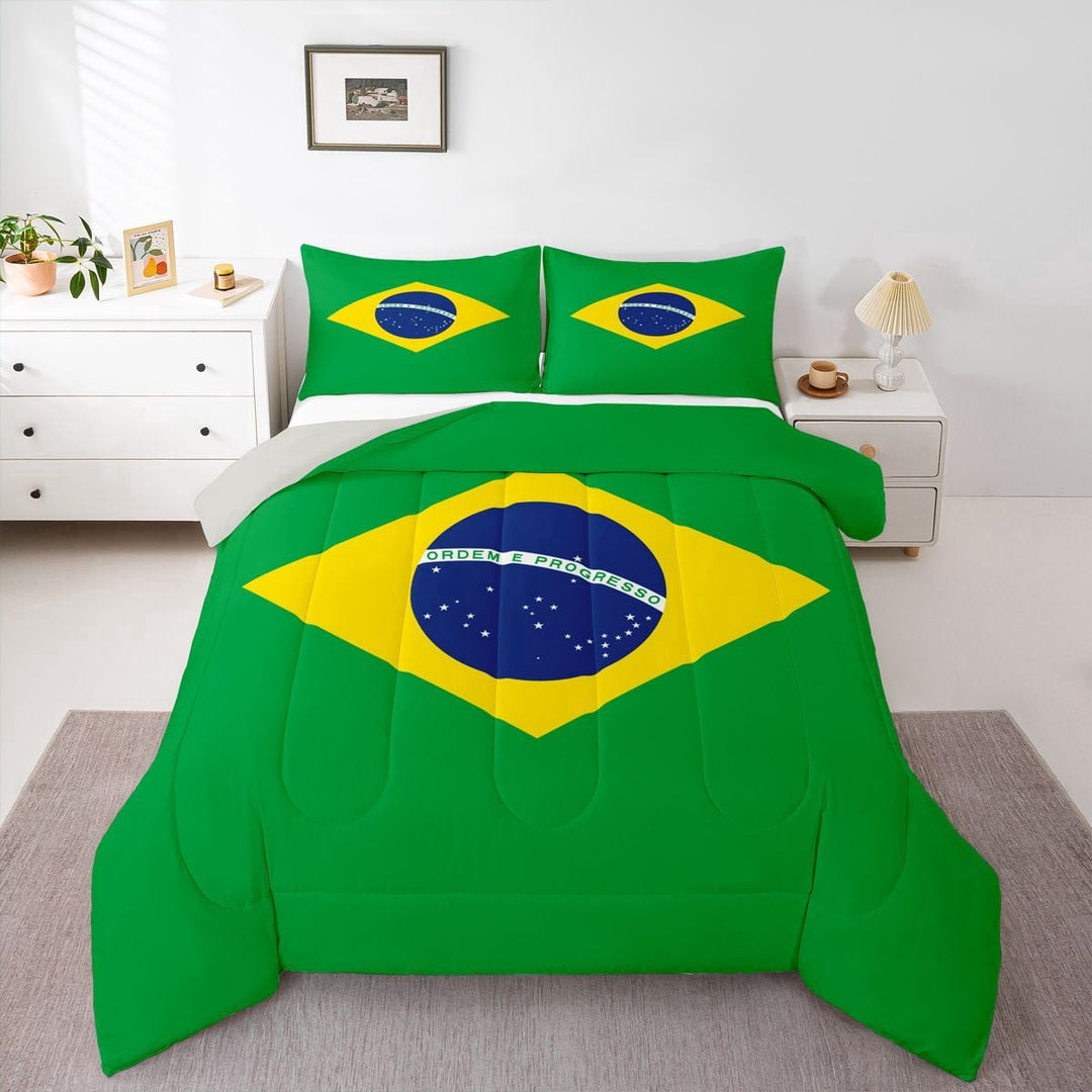 Manfei Brazil Flag Full Size Comforter Sets,World Travel Culture Bedding Comforter Set,Green Yellow Blue,Light Gray Reversible,3pcs,1 Comforter and 2 Pillowcases