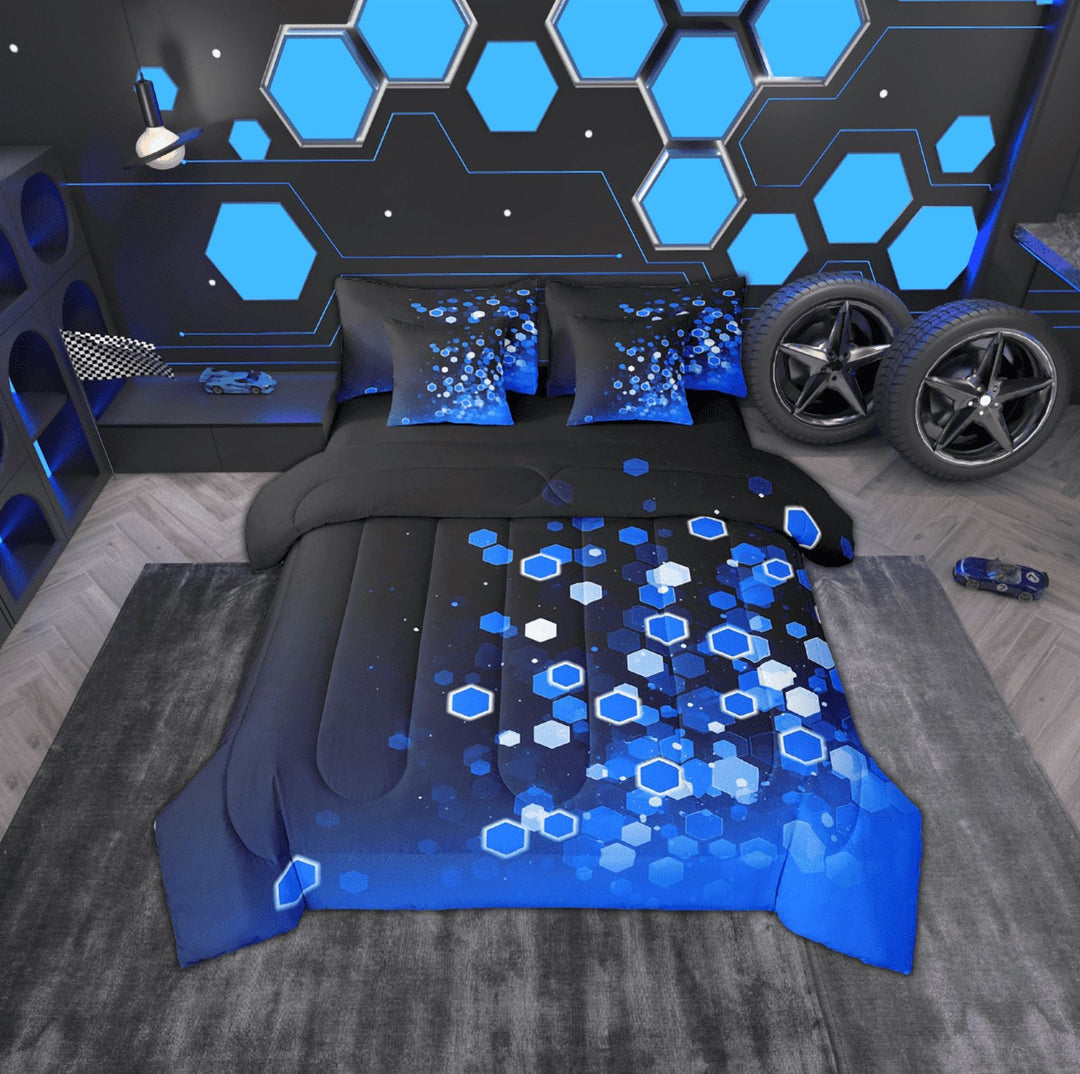Erosebridal Geometric Honeycomb Bedding Sets Twin Size,Black Blue Comforter Sets with Sheets,Gradient Hexagon Bed in a Bag Twin size,Microfiber Ombre Bedroom Decorative,Reversible,7-Piece