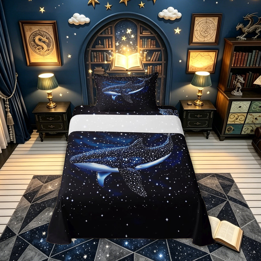 meiyoeat Galaxy Star Whale Bed Sheets for Kids Boys Girls, Magic Starlight Celestial Animal Full Size Sheets, Dark Blue, Blue Reversible, 1 Flat Sheet, 1 Fitted Sheet and 2 Pillowcases