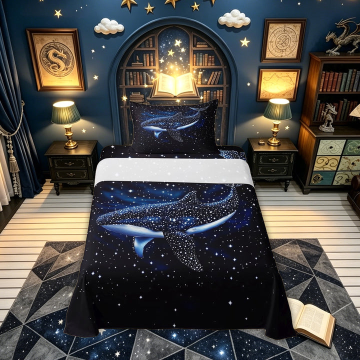 meiyoeat Galaxy Star Whale Bed Sheets for Kids Boys Girls, Magic Starlight Celestial Animal Full Size Sheets, Dark Blue, Blue Reversible, 1 Flat Sheet, 1 Fitted Sheet and 2 Pillowcases