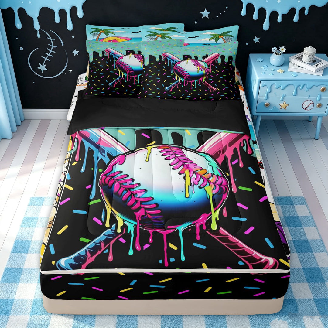 meiyoeat Graffiti Baseball Zipper Full Size Comforter Sets with Fitted Sheet and 2 Pillowcases for Boys, Ice Cream Drip Bat Zipper Bedding Set, Black Blue, Black Reversible, 4 Pieces
