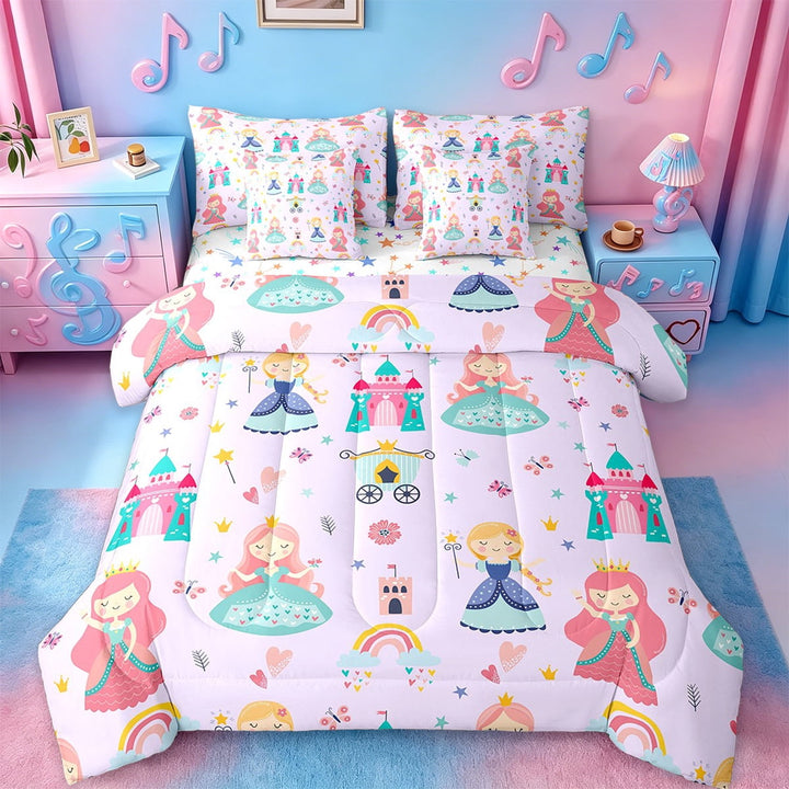 Erosebridal Magical Cartoon Princess Bedding Twin Size,Fairy Tale Castle Bed Set,Rainbow Floral Purple Bedding Sets Twin Size,Lightweight Bedroom Decor Reversible,7pcs