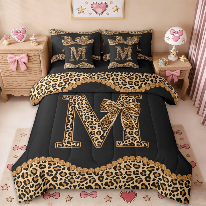 Erosebridal Fashion Women Letter M Theme 7-Piece Twin Bedding Sets,Kids Leopard Print Bows Bedding Comforter Set For Cheetah Lovers,Black Reversible