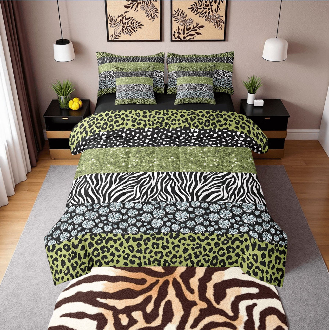 7Pcs Leopard Print Comforter Set, Rustic Cheetah Zebra Patchwork Bedding Queen (Comforter+Fitted+Flat Sheet+2 Pillowcases+2 Throw Pillow Covers) 7 Pieces Bed Set,Olive Green