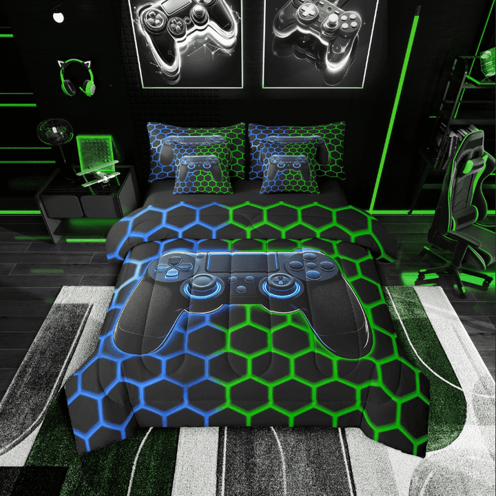 Erosebridal Blue Gamepad Print Bedding Sets Twin Size,Watercolor Honeycomb Comforter Sets with Sheets,Game Room Decor,Reversible,Breathable,7-Piece