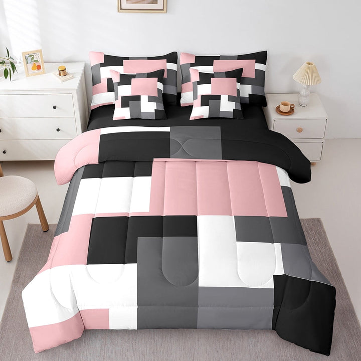 Erosebridal Geometric Sqare Bedding Sets Twin Size,Abstract Artwork Comforter Sets with Sheets,Grey Pink Bed in a Bag Twin size,Ultra Soft Rectangle Room Decor,Reversible,7pcs