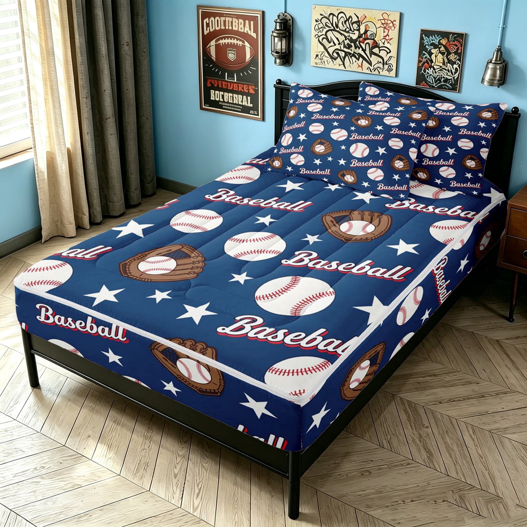 meiyoeat Cartoon Baseball Gloves Zipper Twin Comforter Sets with Fitted Sheet and 2 Pillowcases for Boys, Navy Stars Print Zipper Bedding Set, Blue Reversible, 4pcs