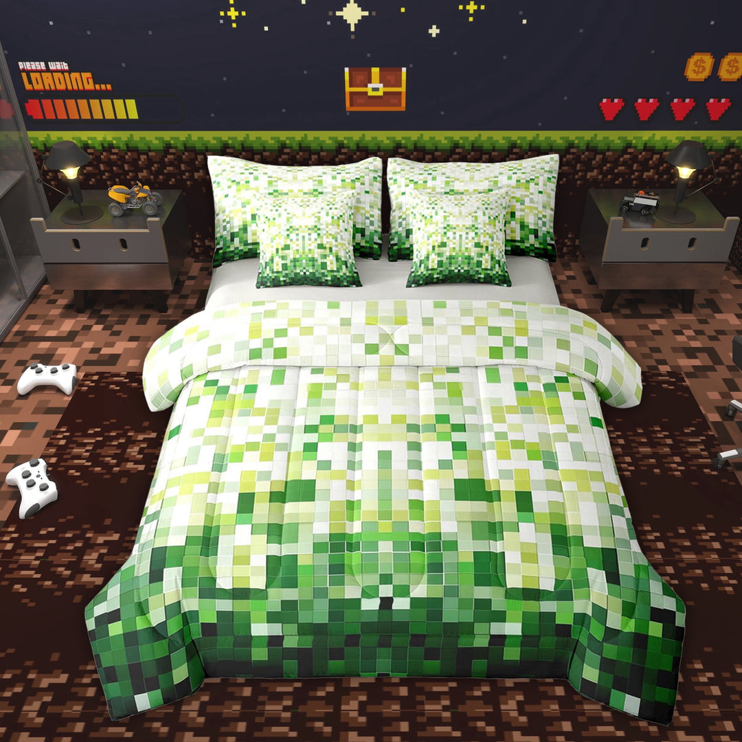 Erosebridal Green Square Twin Bedding Sets 7-Piece for Boys, Pixelate Miner Bedding Comforter Set