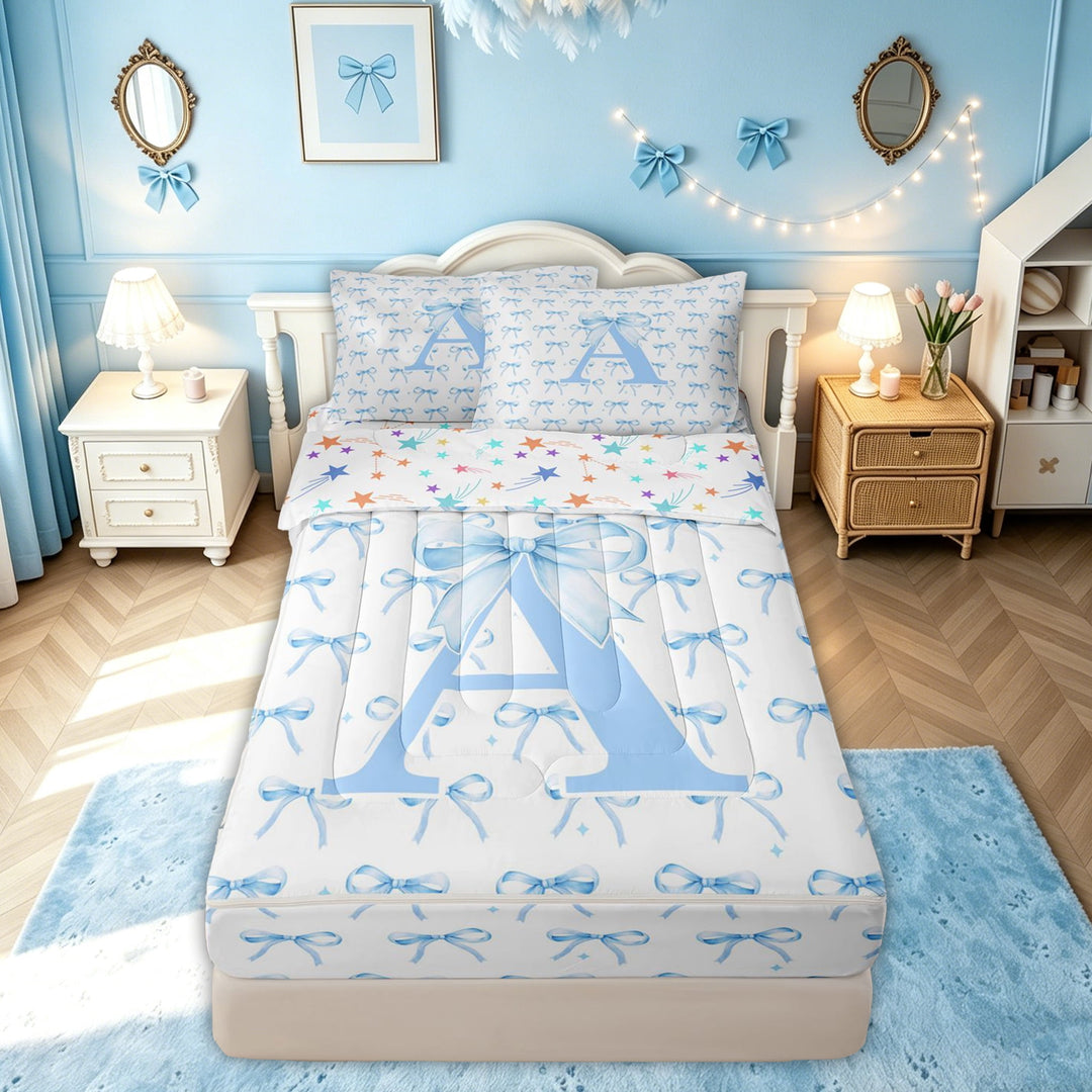 meiyoeat Cartoon Bow Letter A Zipper Comforter Set with Fitted Sheet and 2 Pillowcases for Girls, Princess Ribbon Print Zipper Bedding Set for Bedroom, Blue, Colorful Star Reversible, 3pcs