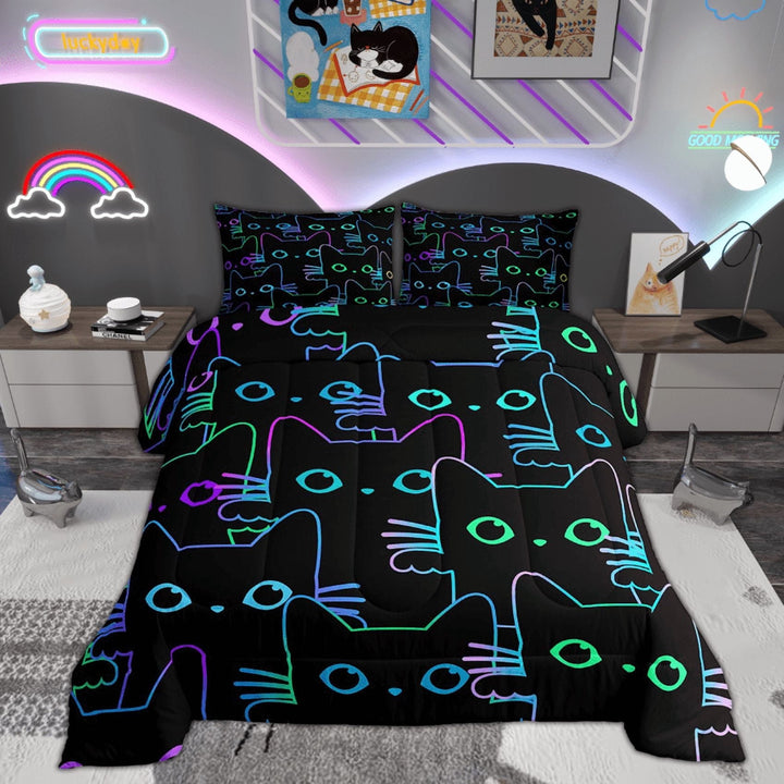 Erosebridal Cartoon Cat Bedding Twin Cute Black Cat Comforter Set Gradient Line Kitten Comforter, 3D Neon Rainbow Cat Bedding for Teens Adults Room Decor, 2Pcs Comforter