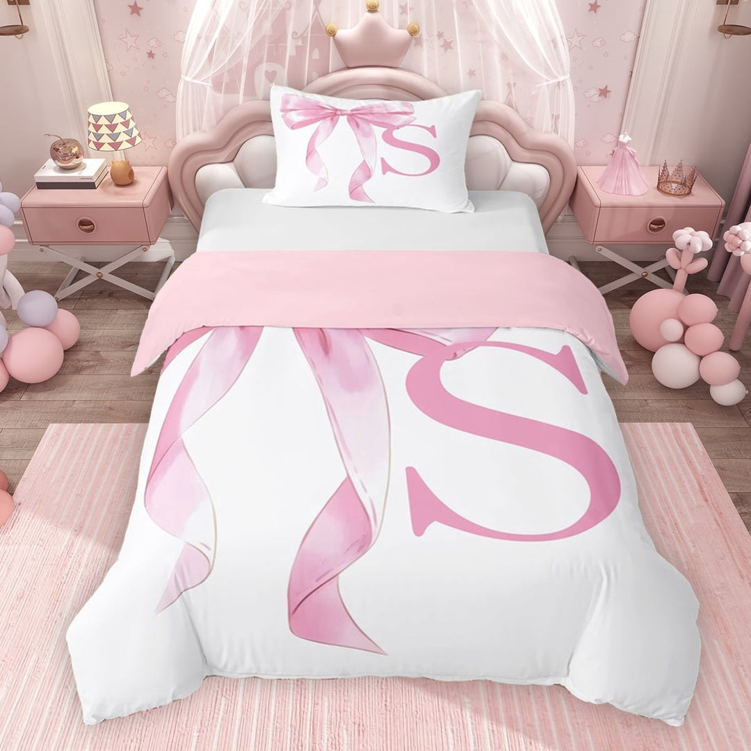 Erosebridal Girls Pink Bow Twin Bedding, S Letter Duvet Cover Set, Princess Style Bedroom Decor, Pink Reversible 2 Pieces, 1 Duvet Cover and 1 Pillowcase (No Comforter)