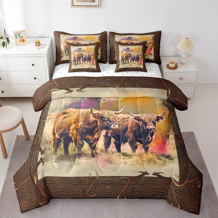 Highland Cow Bedding Comforter Sets 7 Pieces Watercolor Bull Cattle Bed in a Bag, Western Cowboy Twin Bedding Sets Oil Painting Graffiti Comforter Set, Brown Farmhouse Bedding Sets &amp; Collections
