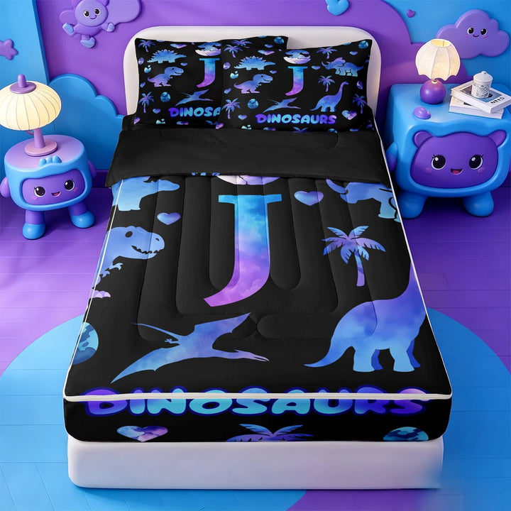 meiyoeat Boy Personalized Monogram J Zipper Full Size Comforter Sets with Fitted Sheet and 2 Pillowcases For Boys,Ancient Dinosaur Animal Zipper Bedding Set,Black Reversible,4-Piece