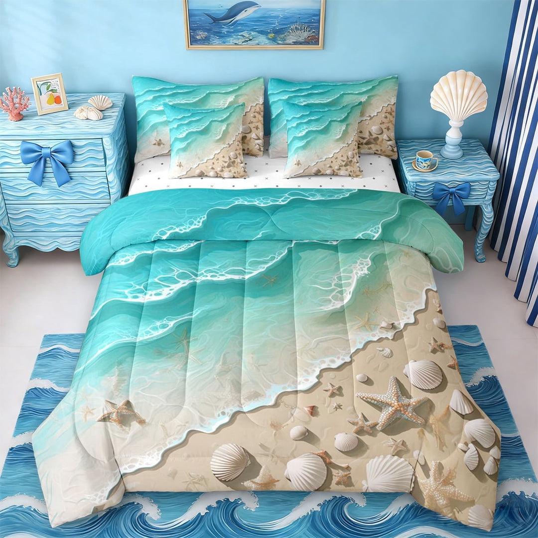Erosebridal Ocean Beach 7-Piece Twin Bedding Sets,Nautical Coastal Starfish Bedding Comforter Set For Kids Girls,Reversible