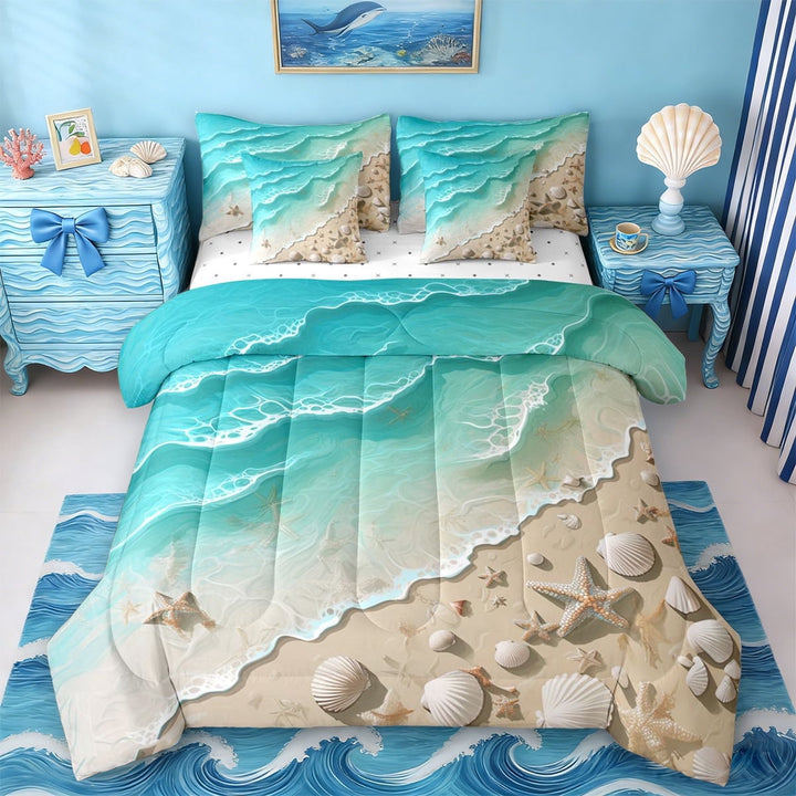 Erosebridal Ocean Beach 7-Piece Twin Bedding Sets,Nautical Coastal Starfish Bedding Comforter Set For Kids Girls,Reversible