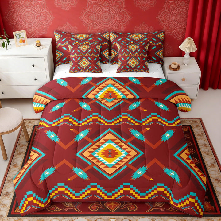 Erosebridal Red Teal Orange Aztec Bedding Comforter Set, Hippie Bohemian Geometric Queen Bedding Sets, Reversible 7pcs
