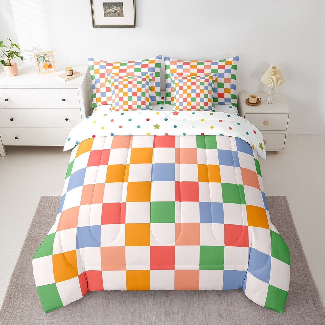 Erosebridal Checkered Gingham Bedding Sets Twin Size, Colorful Comforter Sets with Sheets, Rectangle Geometry Decor, Reversible 7pcs
