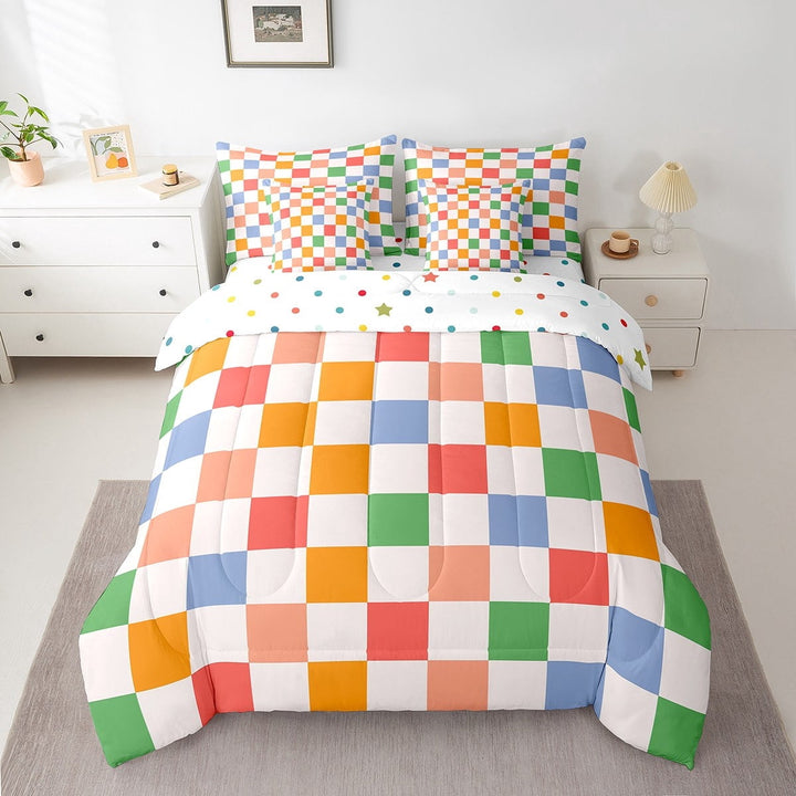 Erosebridal Checkered Gingham Bedding Sets Twin Size, Colorful Comforter Sets with Sheets, Rectangle Geometry Decor, Reversible 7pcs