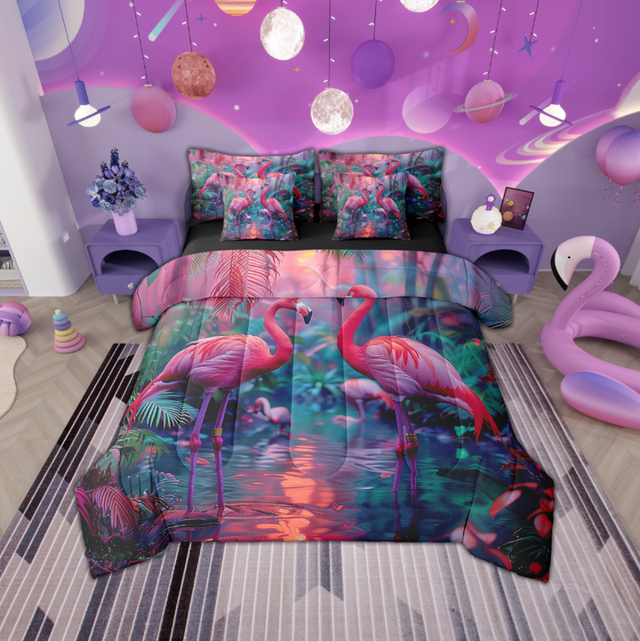 Erosebridal Pink Flamingo Bedding Queen Size 7-Piece Dreaming Jungle Comforter Set, Woodland Animal Bedding Comforter Sets Tropical Palm Tree Bed in a Bag, Botanical Plants Leaves Bedding Accessories