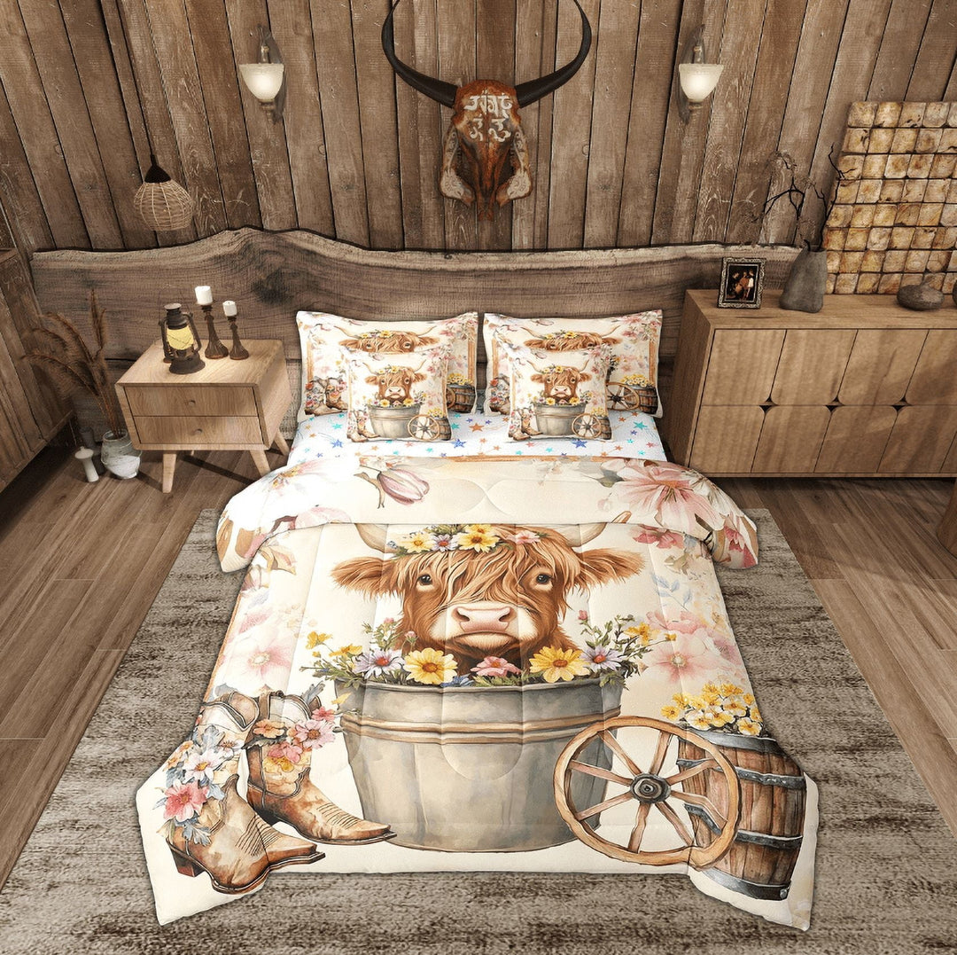 Erosebridal Kawaii Highland Cattle Bedding Twin Size, Western Cowboy Cowgirl Boots Comforter Sets with Sheets, Colorful Flower Room Decor, Reversible 7pcs