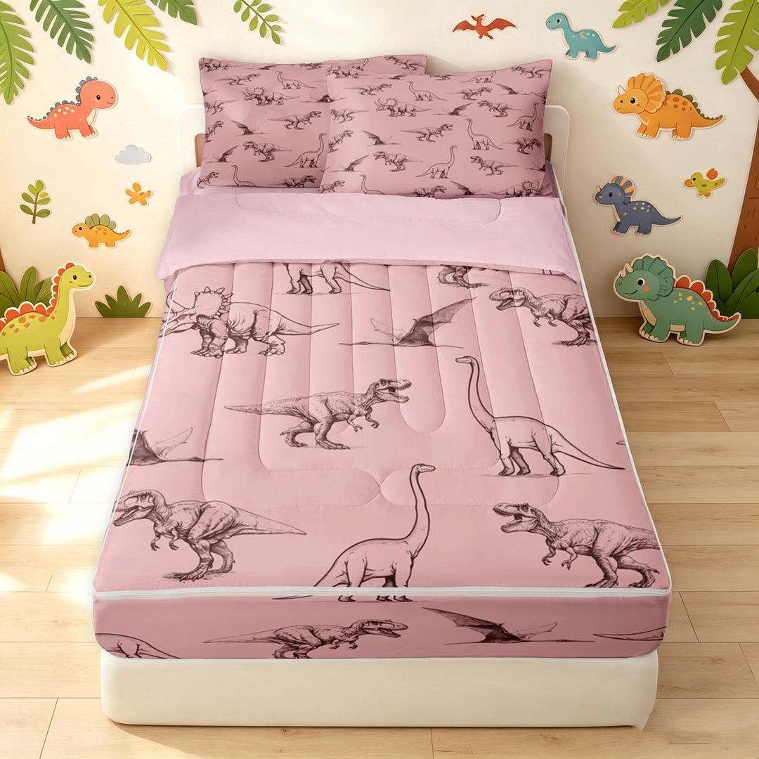 meiyoeat Blush Pink Dinosaur Line Art Zipper Twin Comforter Sets with Fitted Sheet and 2 Pillowcases for Girls, Prehistoric Animal Zipper Bedding Set, Pink Reversible, 4pcs