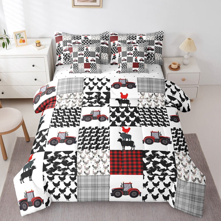Eosebridal Farmhouse Comforter Set 7 Pieces Twin Size,Chicken Cow Farm Tractor Bedding Set,Farm Animals Bed in a Bag,Comforter + Sheets + Pillowcases + Cushion Covers