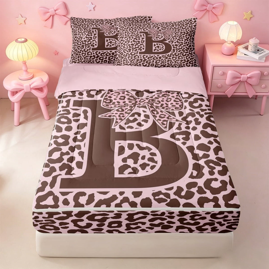 meiyoeat Girls Personalized Monogrammed B Zipper Twin Comforter Sets with Fitted Sheet and 2 Pillowcases,Pink Leopard Print Bow Tie Zipper Bedding Set,Pink Reversible,4-Piece