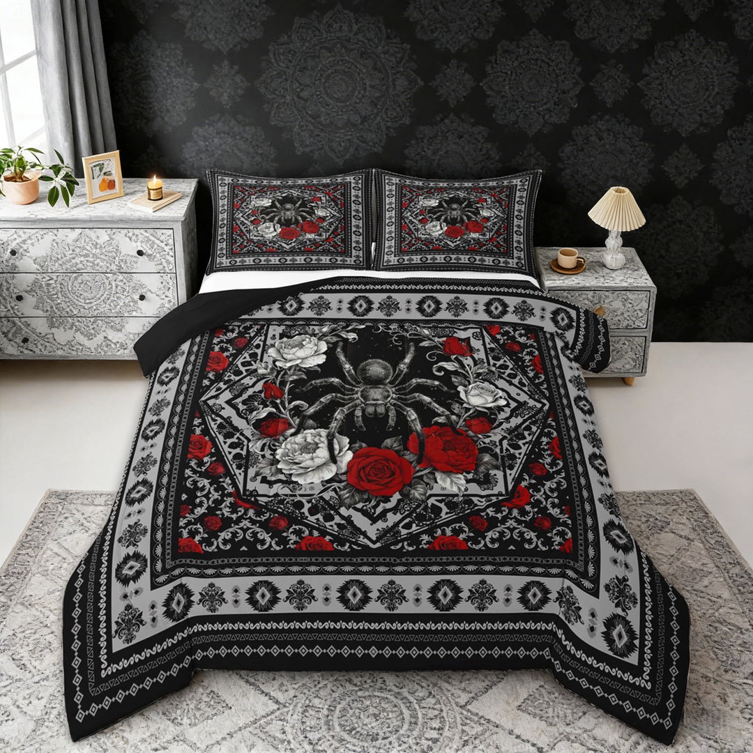 Erosebridal Boho Spider Full Size Comforter Sets, Bohemian Aztec Mandala Bedding Sets, Black Gray Red, Black Reversible 3pcs, 1 Comforter and 2 Pillowcases