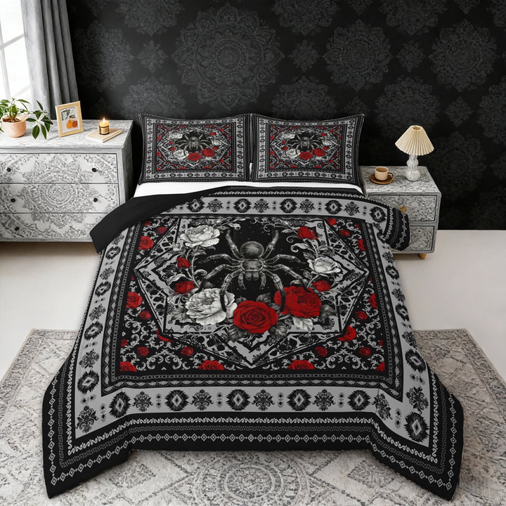Erosebridal Boho Spider Full Size Comforter Sets, Bohemian Aztec Mandala Bedding Sets, Black Gray Red, Black Reversible 3pcs, 1 Comforter and 2 Pillowcases