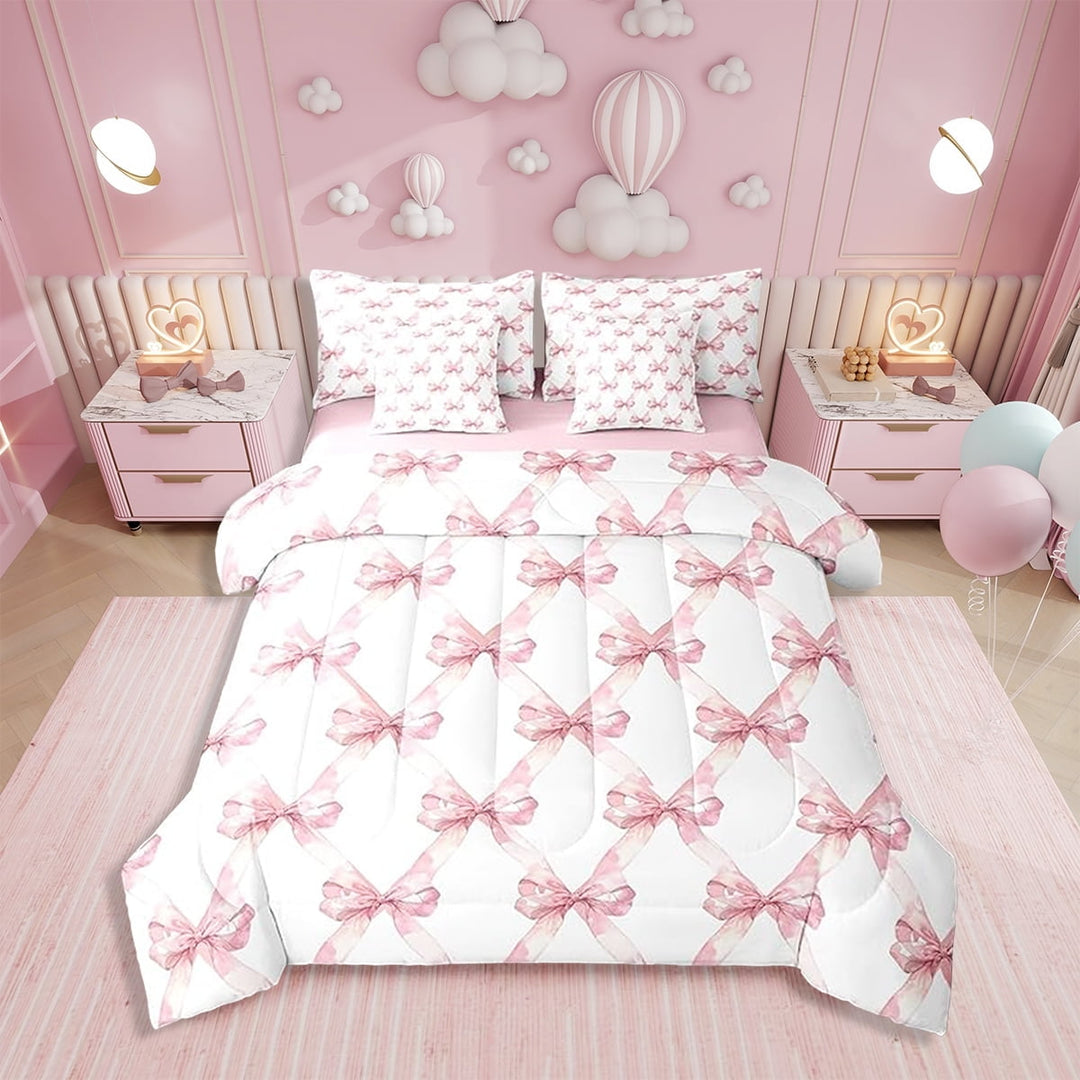 Erosebridal Comforter Set Bowknot Full Size for Girls, Pink Bowknot Princess Style Bedding Set,Watercolor Bow Geometric Grids Patchwork Bow Comforter Set, 7pcs