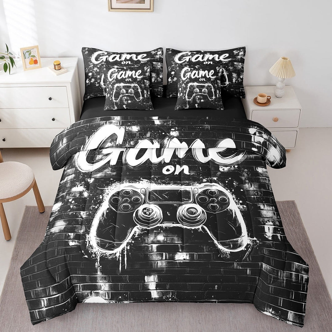 Erosebridal Black Gamepads Bedding Sets Twin Size,Geometric Plaid Comforter Sets with Sheets,Video Game Bed in a Bag Twin size,Microfiber Gamer Room Decorative,Reversible,7pcs