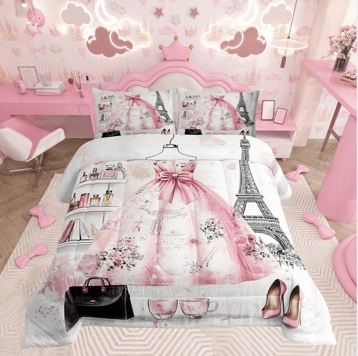 Fashion Girly Dresses Comforter Set Modern Black White Polka Dots Bedding Sets Queen Floral Perfume Print Bedding Comforter Sets Romantic Makeup Themed Down Comforter Pink Dresse Decor Duvet Sets
