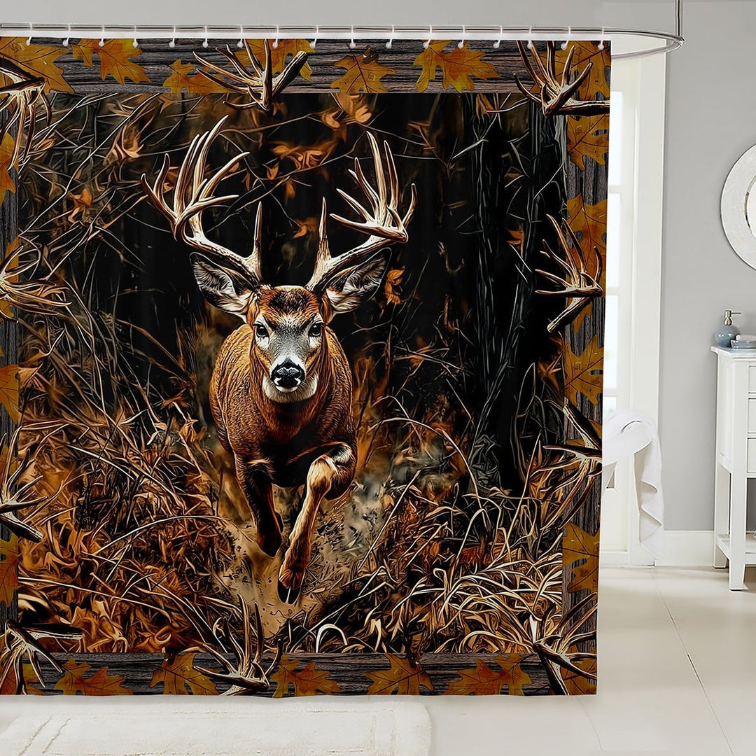Deer Hunting Camo Bathroom Shower Curtain Sets,Hunter Shower Curtain Rustic Trees Leaves Country Bathroom Accessories Deer Fabric Shower Curtain Bath Curtain 72"Wx78"L