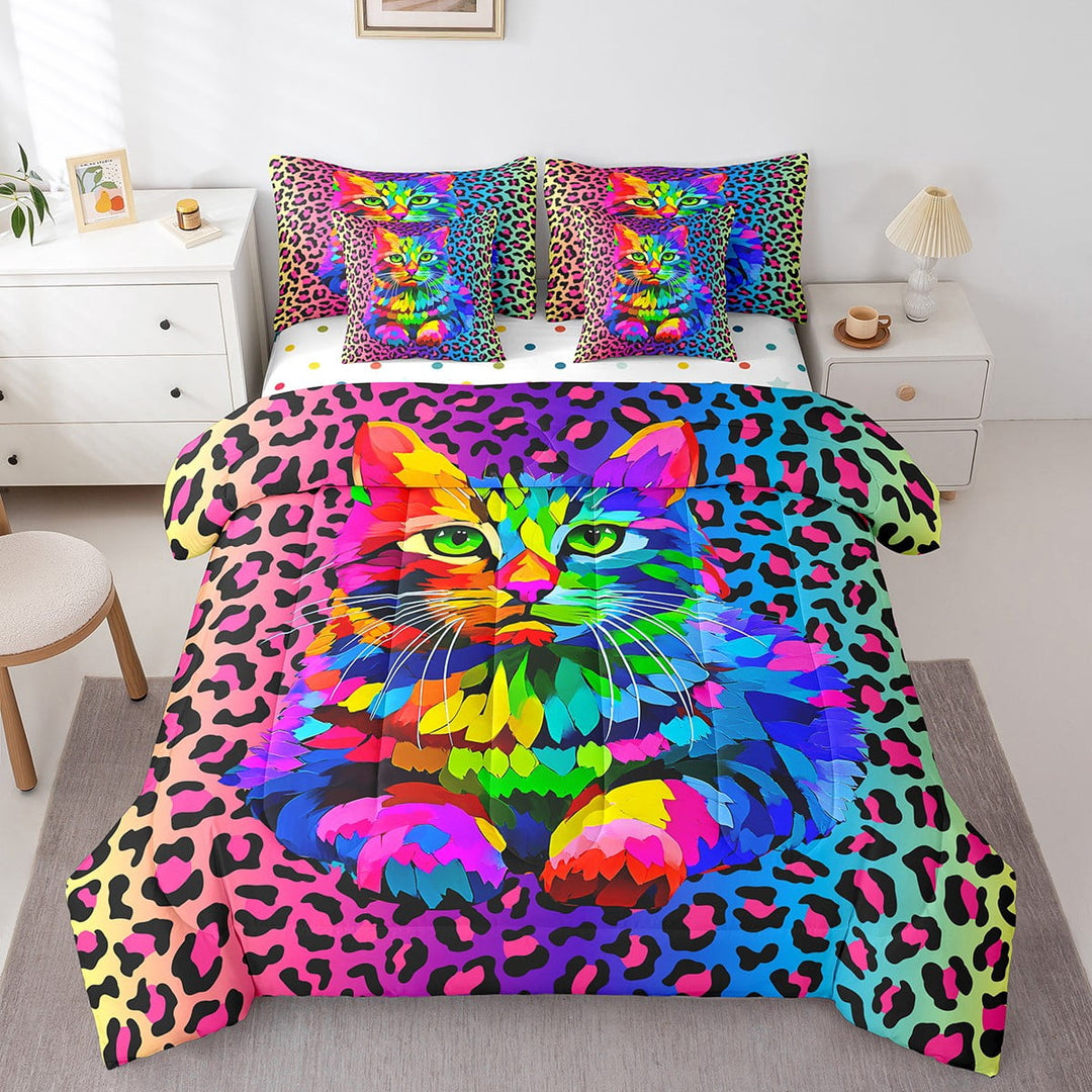 Kawaii Cat Bedding Twin Size 7pcs Rainbow Leopard Print Comforter Set, Cartoon Kitten Bedding Comforter Sets Ombre Animal Bed in a Bag, Cheetah Printed Bedding Accessories